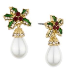 NWT Holiday Lane Gold-Tone Pave Holly & Imitation Pearl Drop Earrings